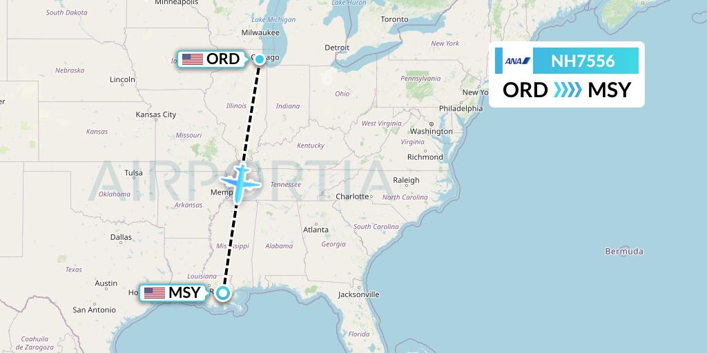 NH7556 All Nippon Airways Flight Map: Chicago to New Orleans