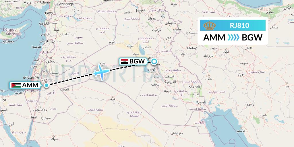 RJ810 Royal Jordanian Flight Map: Amman to Baghdad