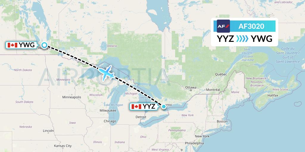 AF3020 Air France Flight Map: Toronto to Winnipeg