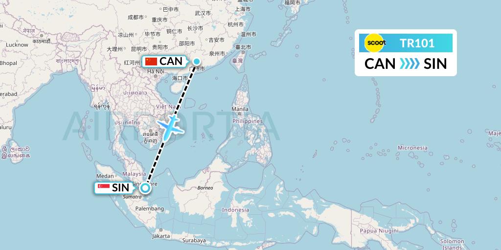TR101 Tigerair Flight Map: Guangzhou to Singapore