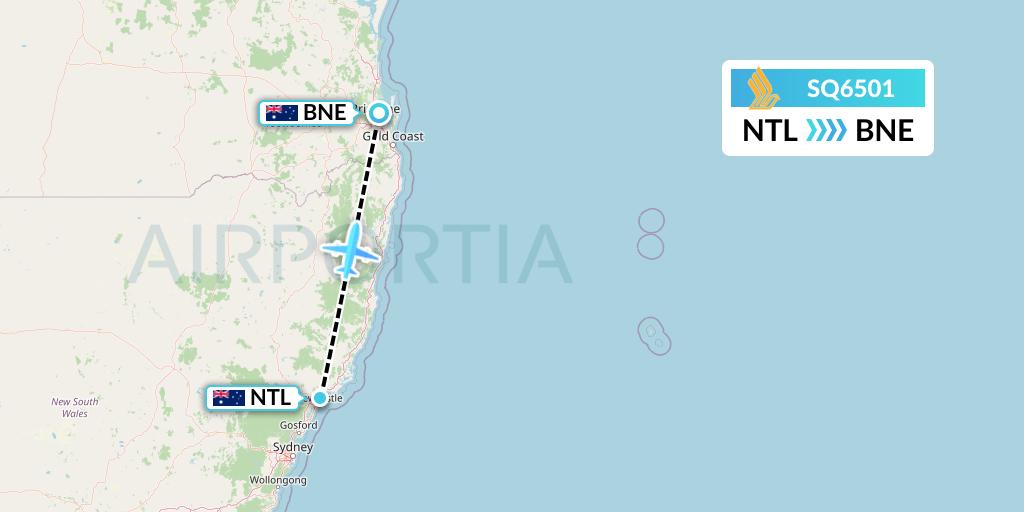 SQ6501 Singapore Airlines Flight Map: Newcastle to Brisbane
