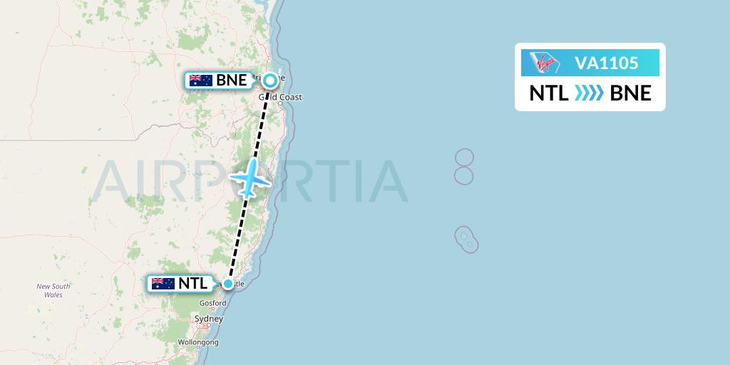 VA1105 Virgin Australia Flight Map: Newcastle to Brisbane