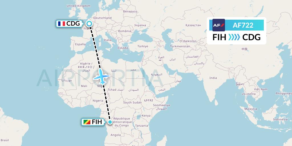 AF722 Air France Flight Map: Kinshasa to Paris