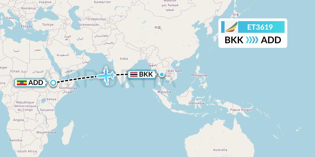 ET3619 Ethiopian Airlines Flight Map: Bangkok to Addis Ababa