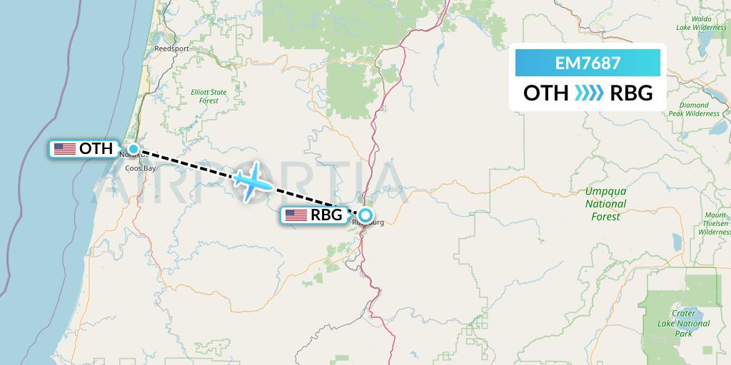 EM7687 Empire Airlines Flight Map: North Bend to Roseburg