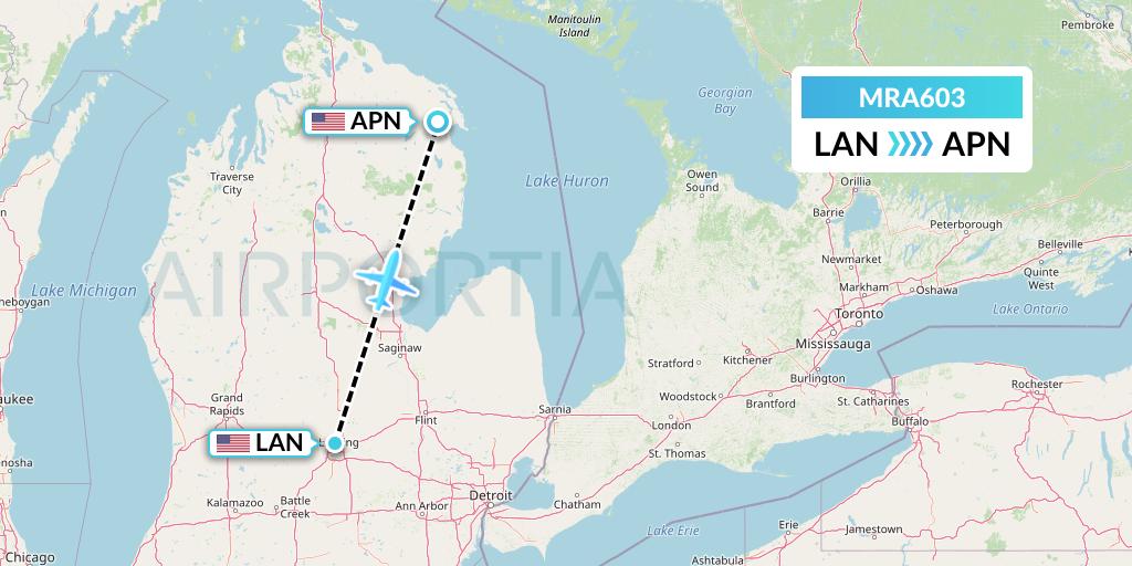 MRA603 Martinaire Flight Map: Lansing to Alpena