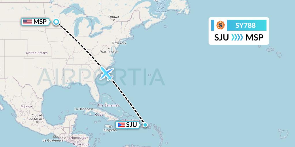 SY788 Sun Country Airlines Flight Map: San Juan to Minneapolis