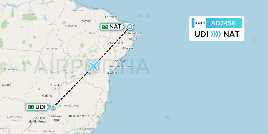 AD2458 Azul Brazilian Airlines Flight Map: Uberlandia to Natal