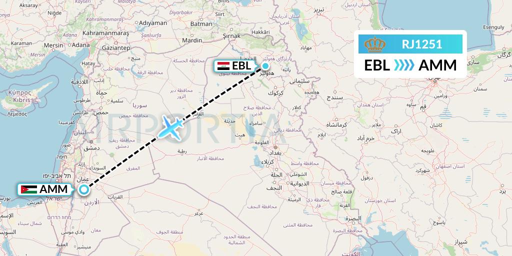 RJ1251 Royal Jordanian Flight Map: Arbil to Amman