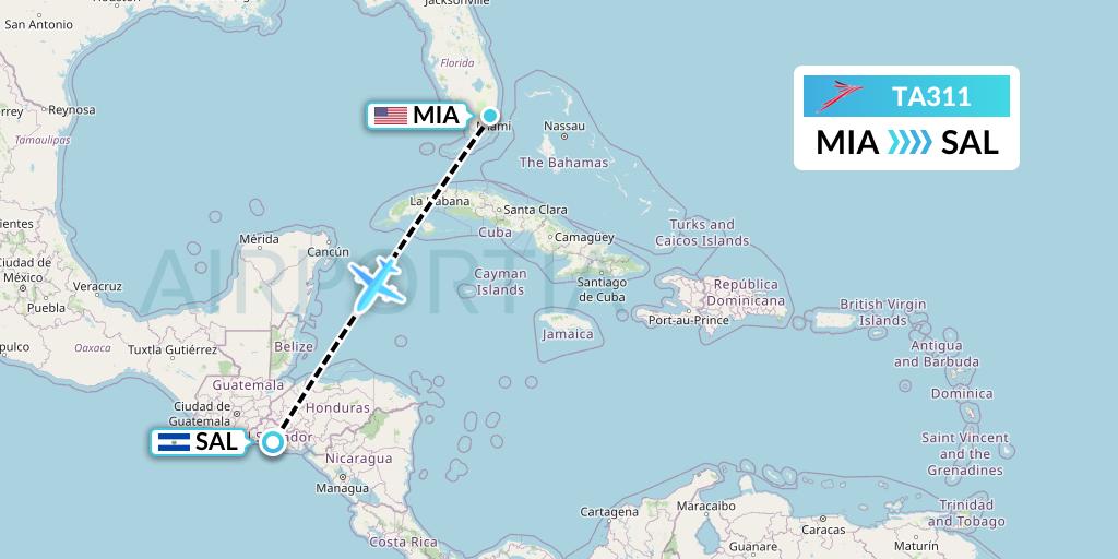 TA311 TACA Airlines Flight Map: Miami to San Salvador