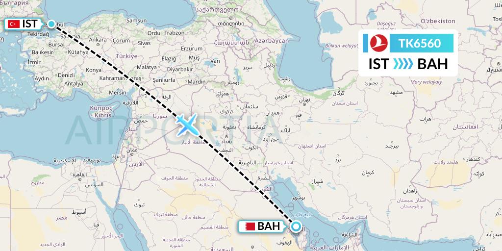 TK6560 Turkish Airlines Flight Map: Istanbul to Bahrain