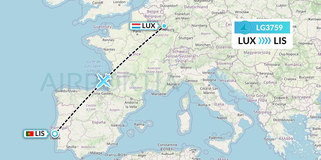 LG3759 Luxair Flight Map: Luxembourg to Lisbon