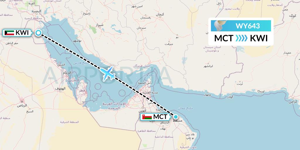 WY643 Oman Air Flight Map: Muscat to Kuwait City