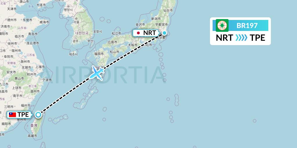 BR197 EVA Air Flight Map: Tokyo to Taipei