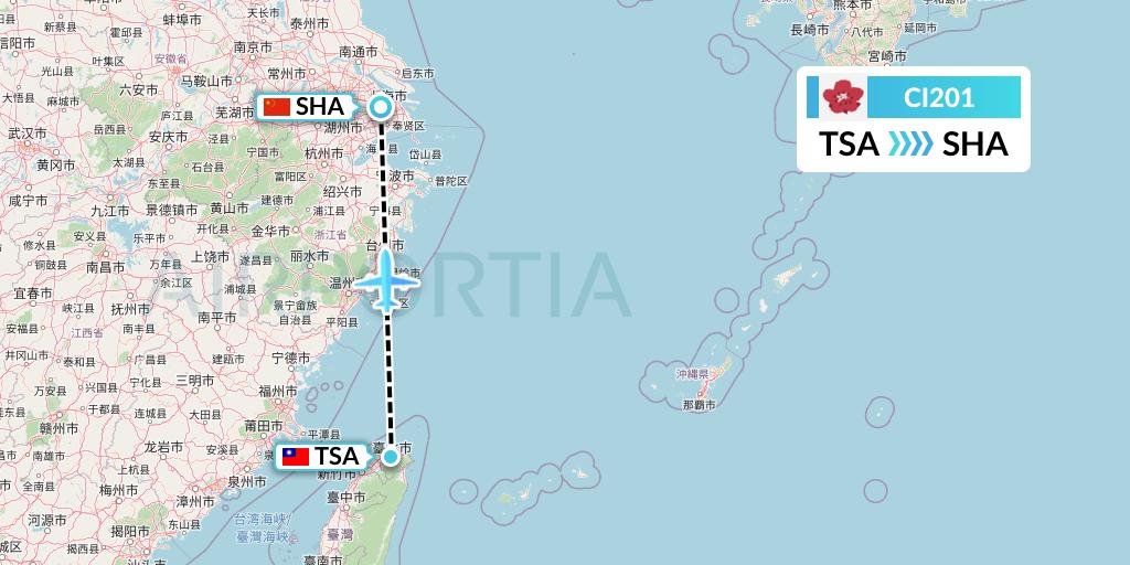 CI201 China Airlines Flight Map: Taipei to Shanghai