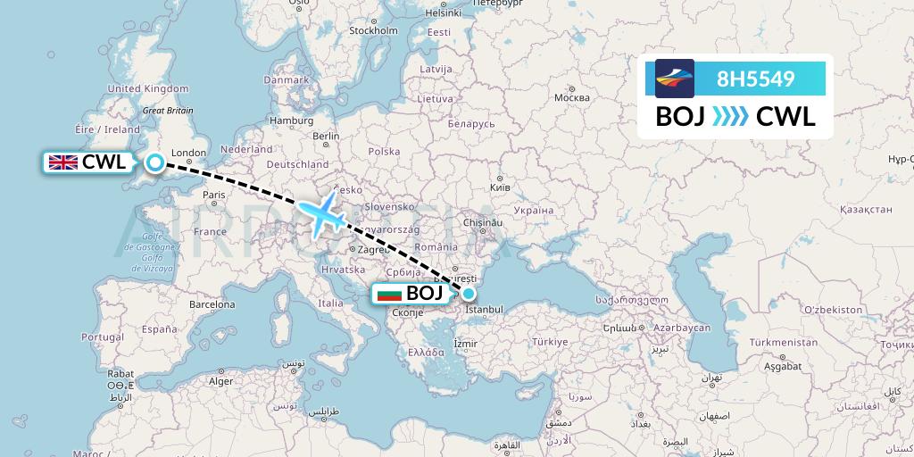 8H5549 BH Air Flight Map: Burgas to Cardiff