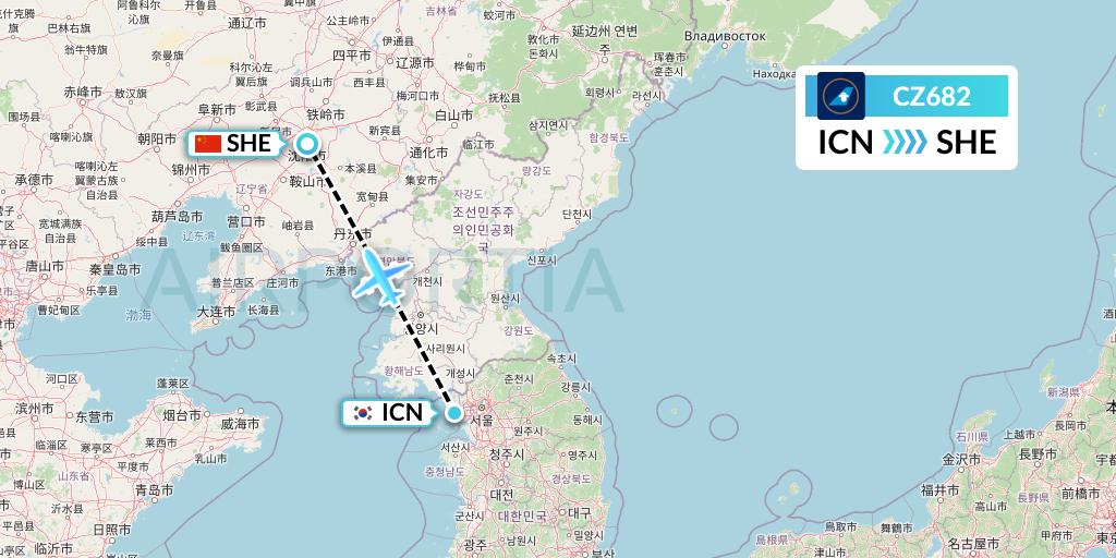 CZ682 China Southern Airlines Flight Map: Seoul to Shenyang
