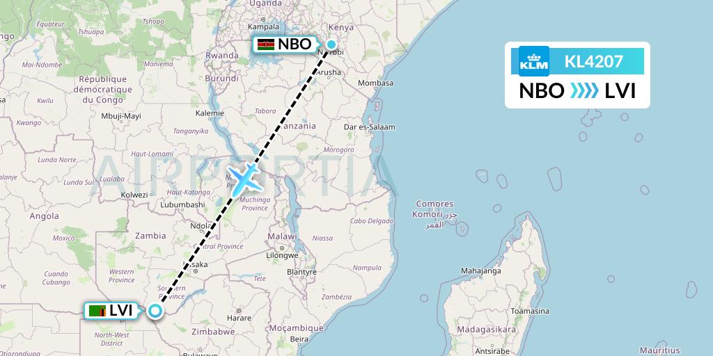 KL4207 KLM Flight Map: Nairobi to Livingstone