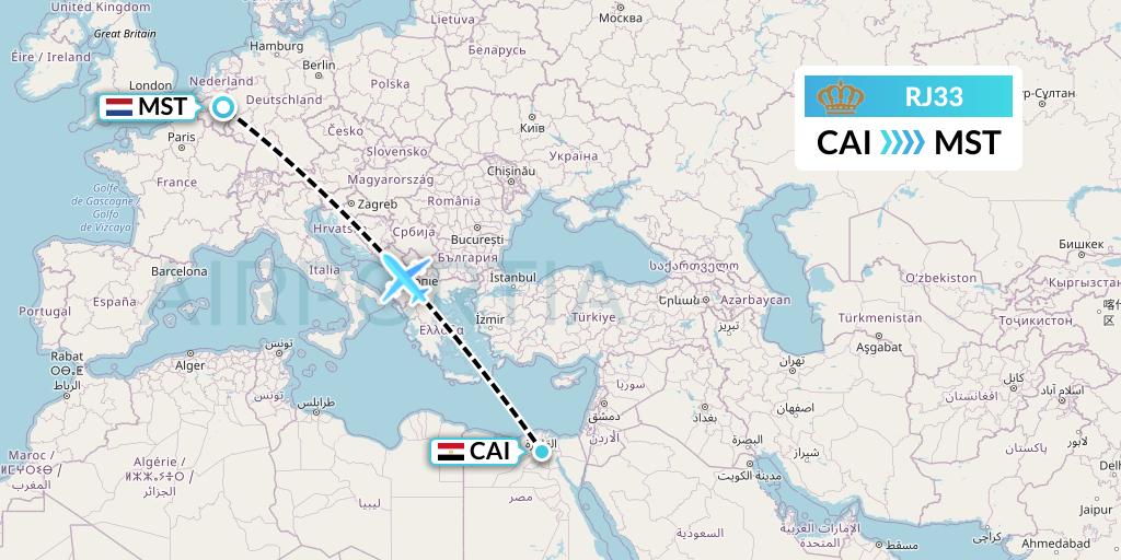 RJ33 Royal Jordanian Flight Map: Cairo to Maastricht
