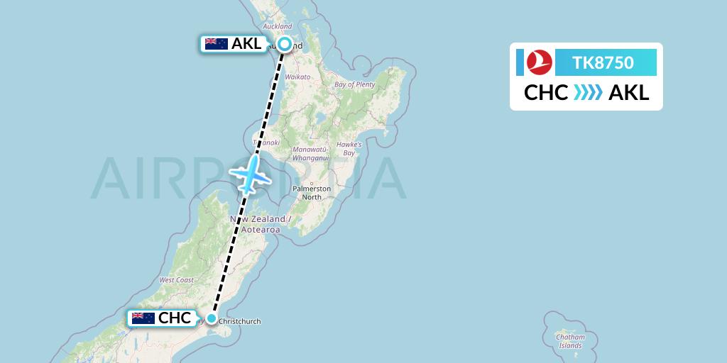 TK8750 Turkish Airlines Flight Map: Christchurch to Auckland