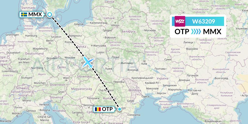 W63209 Wizz Air Flight Map: Bucharest to Malmo