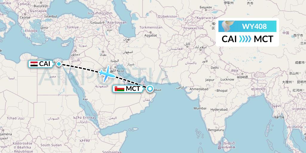 WY408 Oman Air Flight Map: Cairo to Muscat