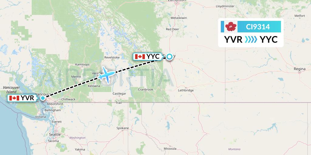 CI9314 China Airlines Flight Map: Vancouver to Calgary