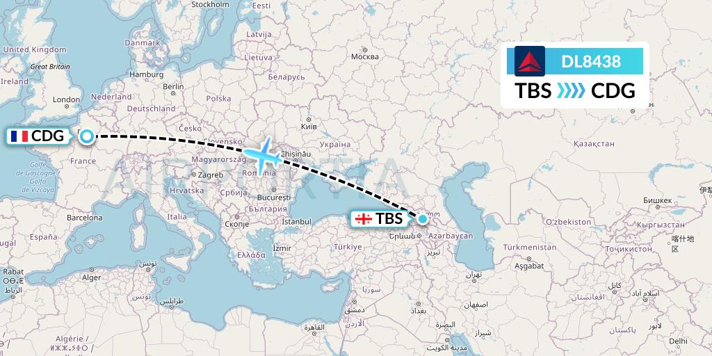 DL8438 Delta Air Lines Flight Map: Tbilisi to Paris