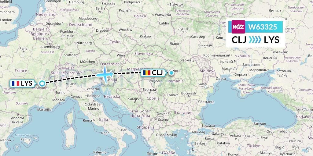 W63325 Wizz Air Flight Map: Cluj-Napoca to Lyon