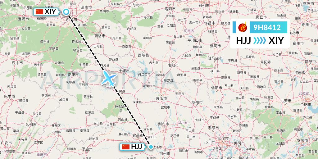 9H8412 Air Changan Flight Map: Huaihua to Xi'an