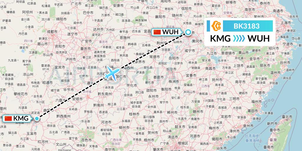 BK3183 Okay Airways Flight Map: Kunming to Wuhan