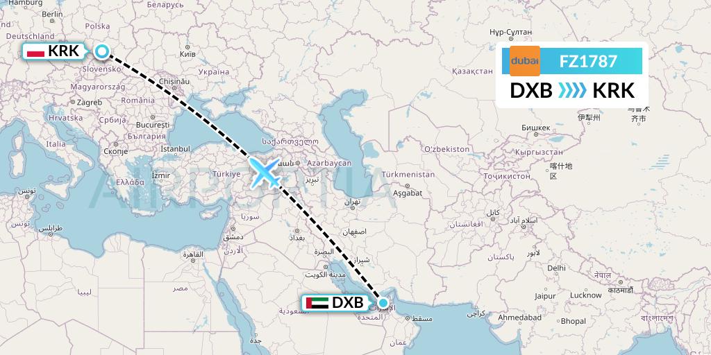 FZ1787 FlyDubai Flight Map: Dubai to Krakow