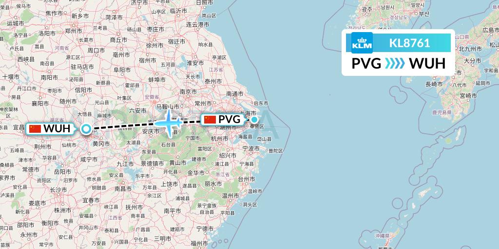 KL8761 KLM Flight Map: Shanghai to Wuhan