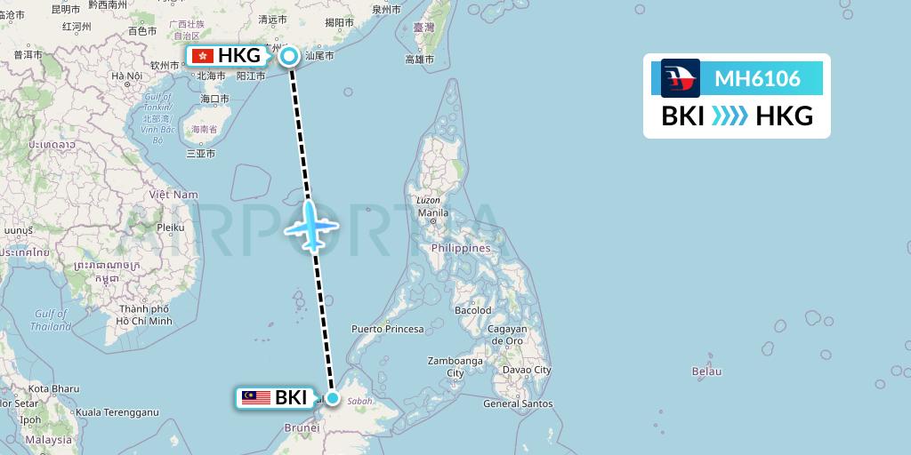 MH6106 Malaysia Airlines Flight Map: Kota Kinabalu to Hong Kong