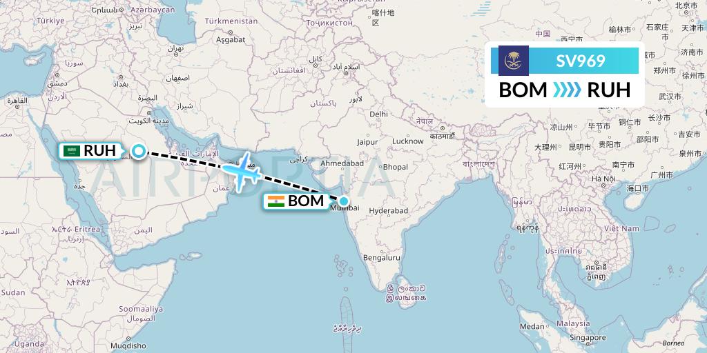 SV969 Saudi Arabian Airlines Flight Map: Mumbai to Riyadh