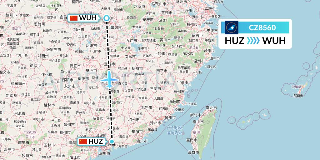 CZ8560 China Southern Airlines Flight Map: Huizhou to Wuhan