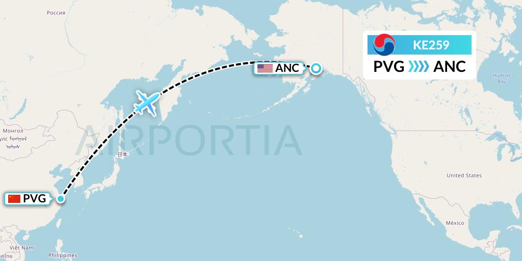 KE259 Korean Air Flight Map: Shanghai to Anchorage