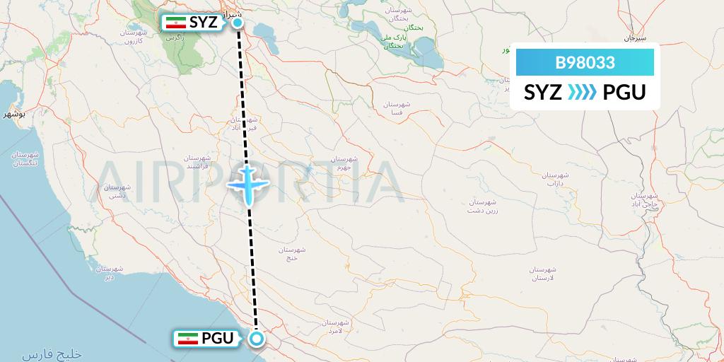 B98033 Iran Air Tours Flight Map: Shiraz to Assaluyeh