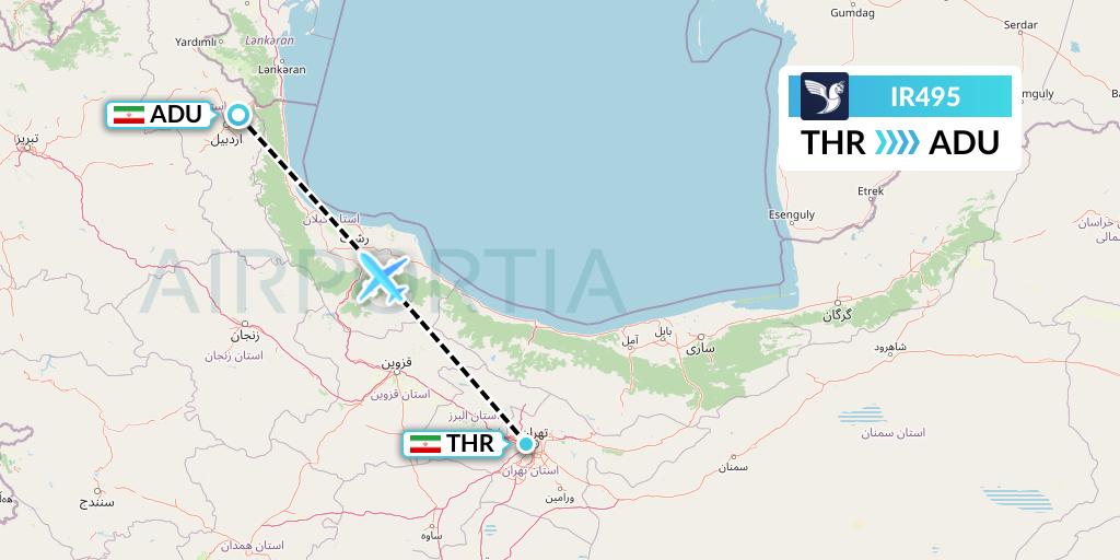 IR495 Iran Air Flight Map: Tehran to Ardabil