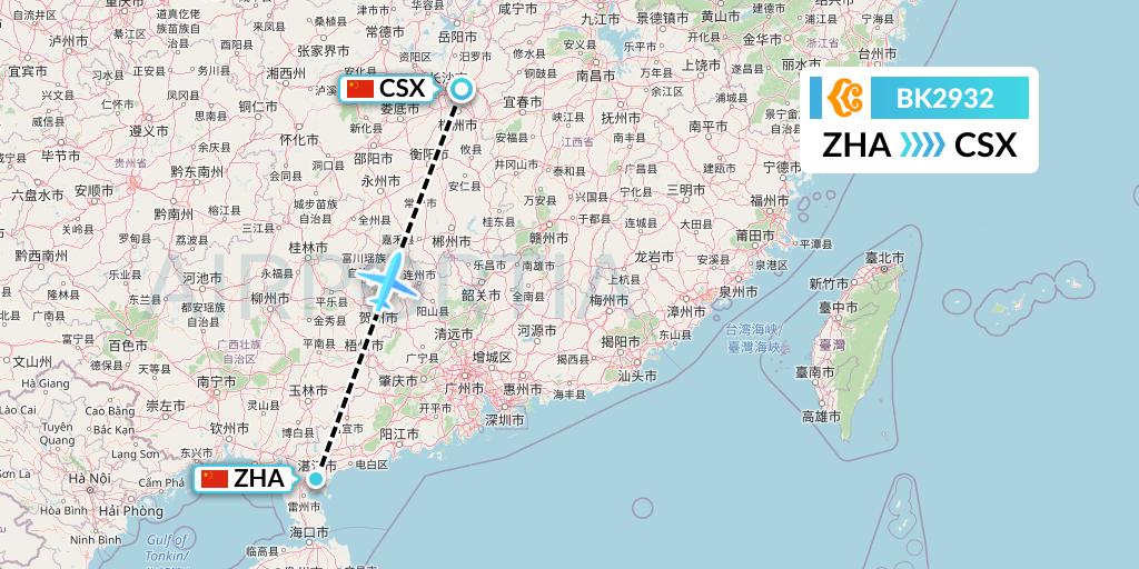 BK2932 Okay Airways Flight Map: Zhanjiang to Changsha