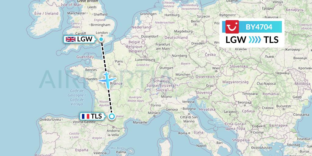 BY4704 TUI Airways Flight Map: London to Toulouse