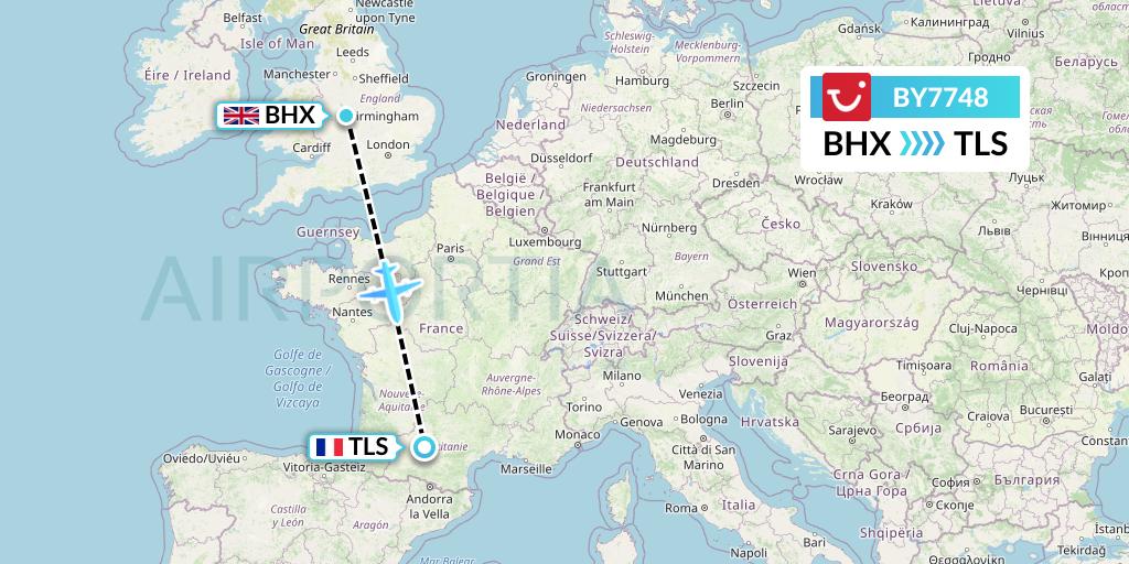 BY7748 TUI Airways Flight Map: Birmingham to Toulouse