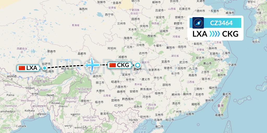 CZ3464 China Southern Airlines Flight Map: Lhasa to Chongqing