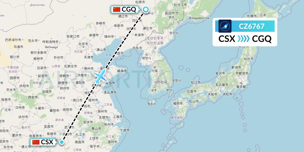 CZ6767 China Southern Airlines Flight Map: Changsha to Changchun