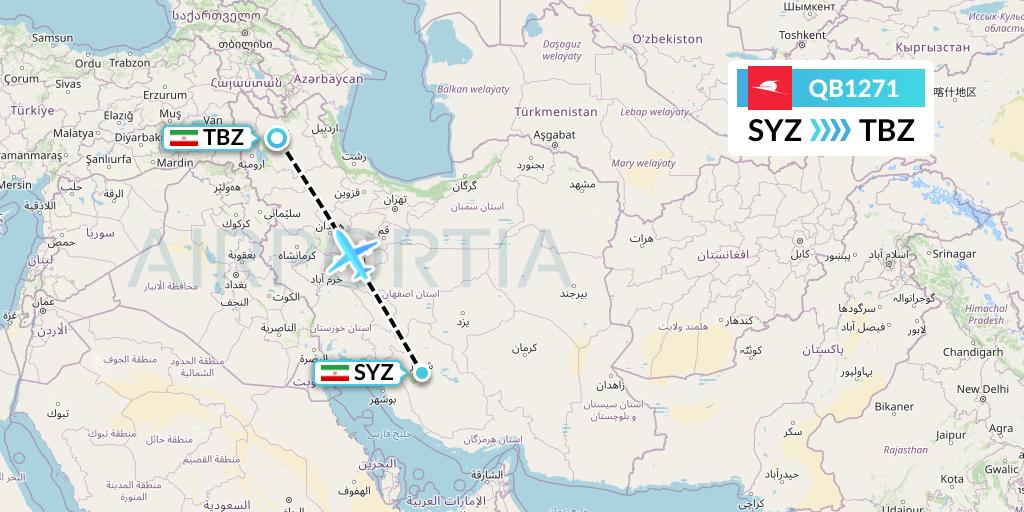 QB1271 Qeshm Airlines Flight Map: Shiraz to Tabriz