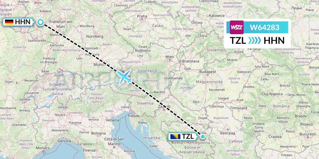 W64283 Wizz Air Flight Map: Tuzla to Hahn