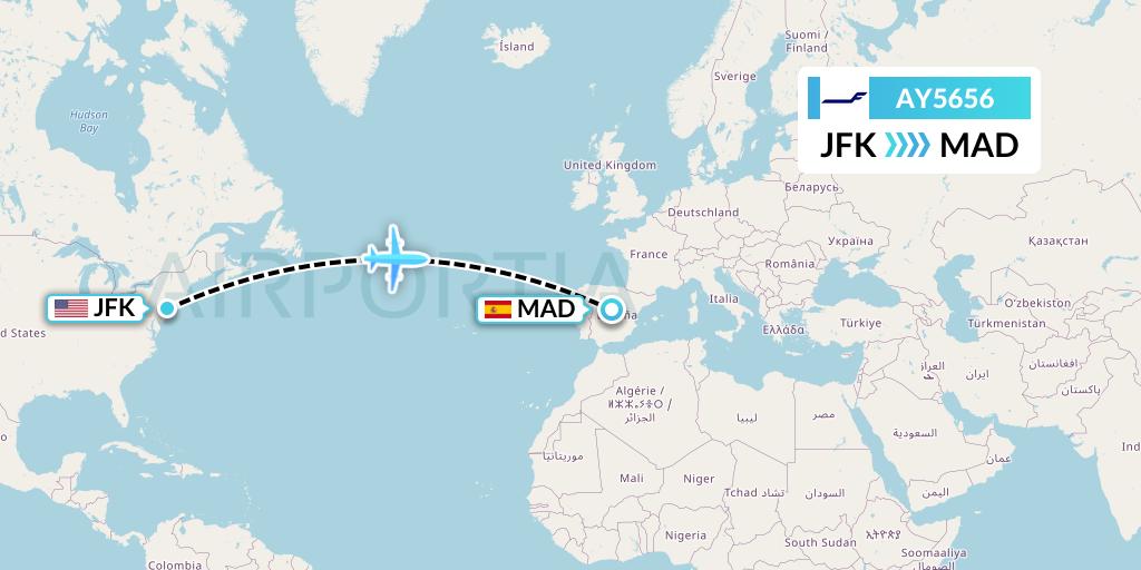 AY5656 Finnair Flight Map: New York to Madrid