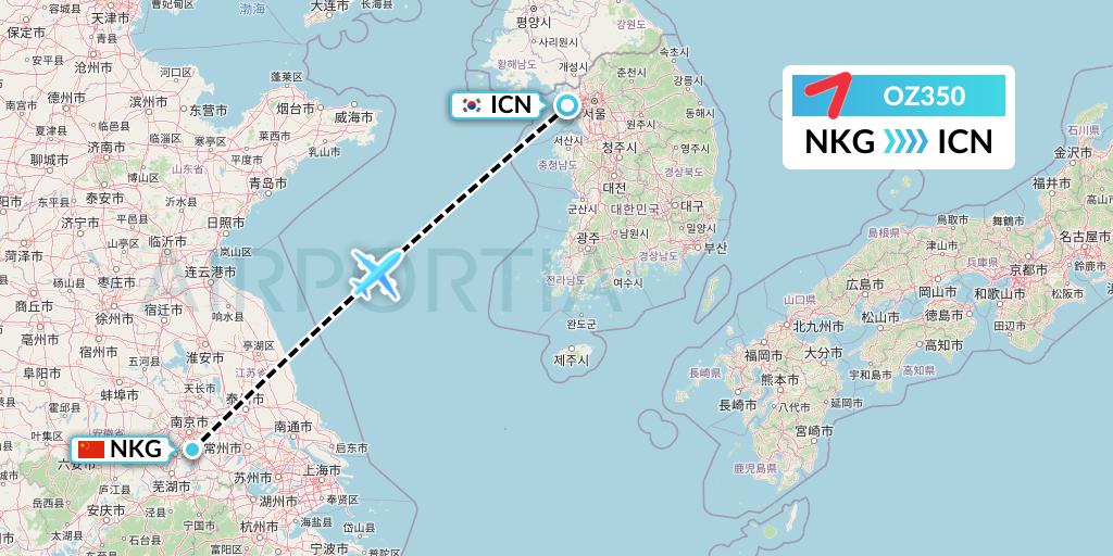 OZ350 Asiana Airlines Flight Map: Nanjing to Seoul