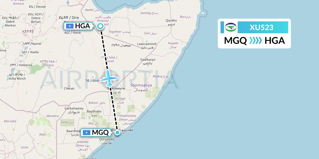 XU523 African Express Airways Flight Map: Mogadishu to Hargeisa