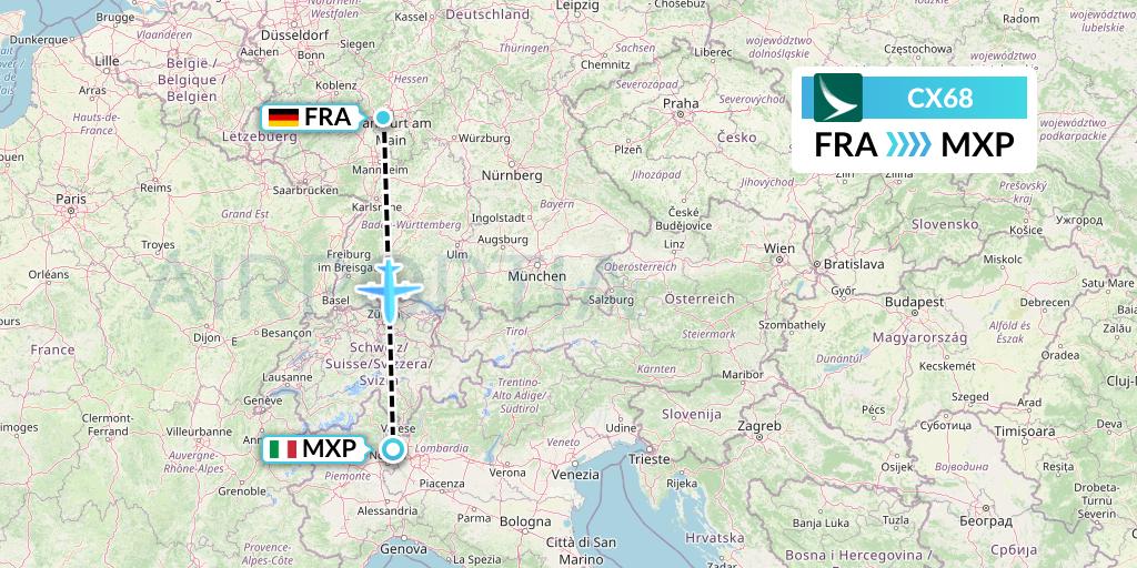 CX68 Cathay Pacific Flight Map: Frankfurt to Milan